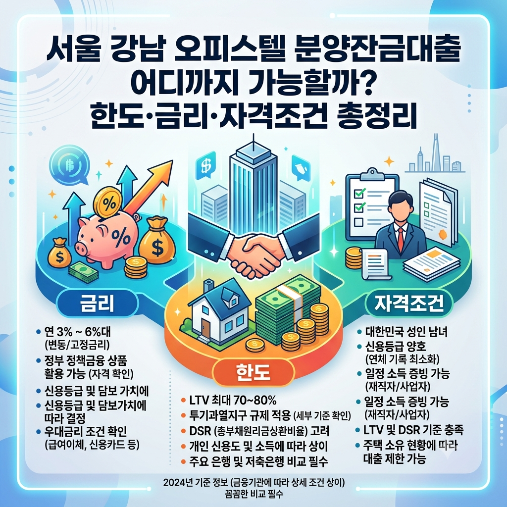 서울 강남 오피스텔분양잔금대출 어디까지 가능할까? 한도·금리·자격조건 총정리