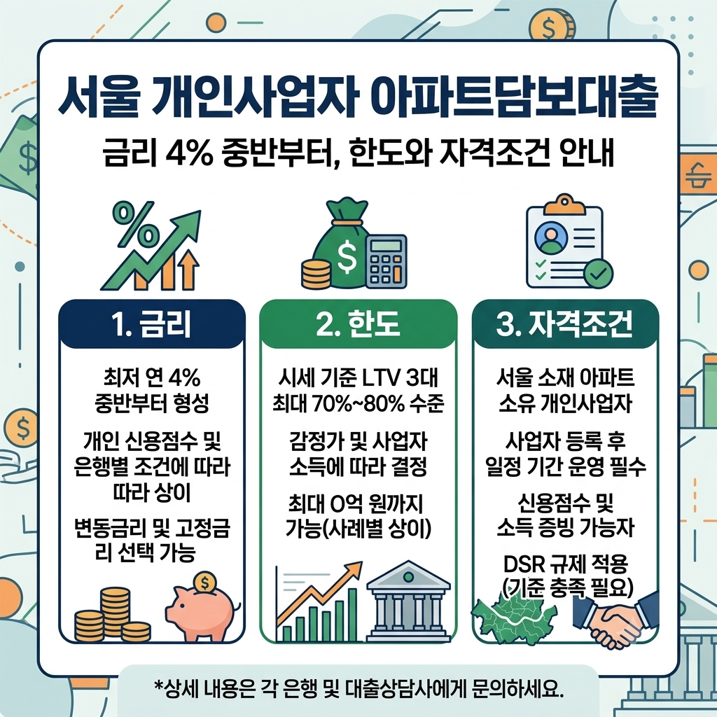 서울 개인사업자 아파트담보대출 금리 4% 중반부터, 한도와 자격조건 안내