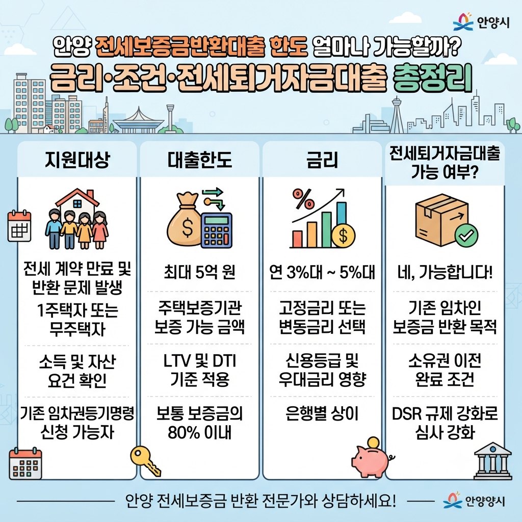 안양 전세보증금반환대출 한도 얼마나 가능할까? 금리·조건·전세퇴거자금대출 총정리