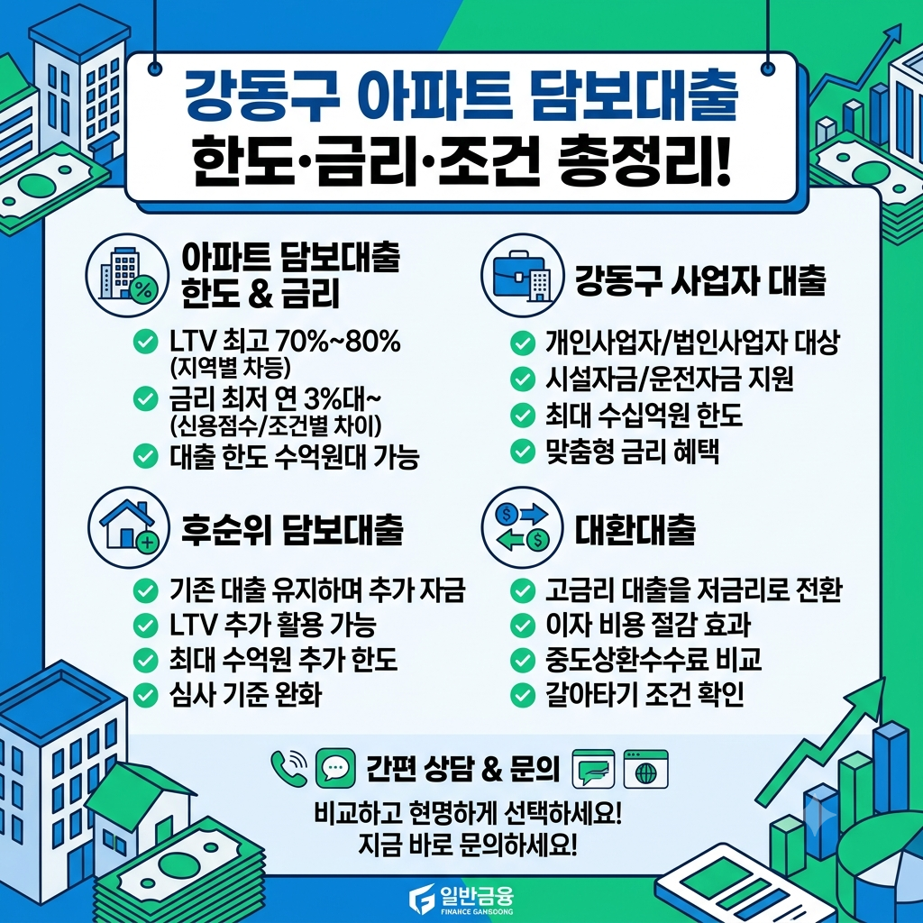 강동 아파트담보대출 한도·금리·조건 총정리! 강동구 사업자·후순위·대환대출까지 한눈에 확인