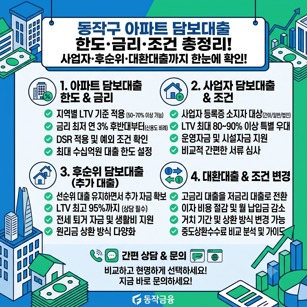 동작구 아파트담보대출 한도·금리·조건 총정리, 사업자·후순위·대환까지 한눈에 확인