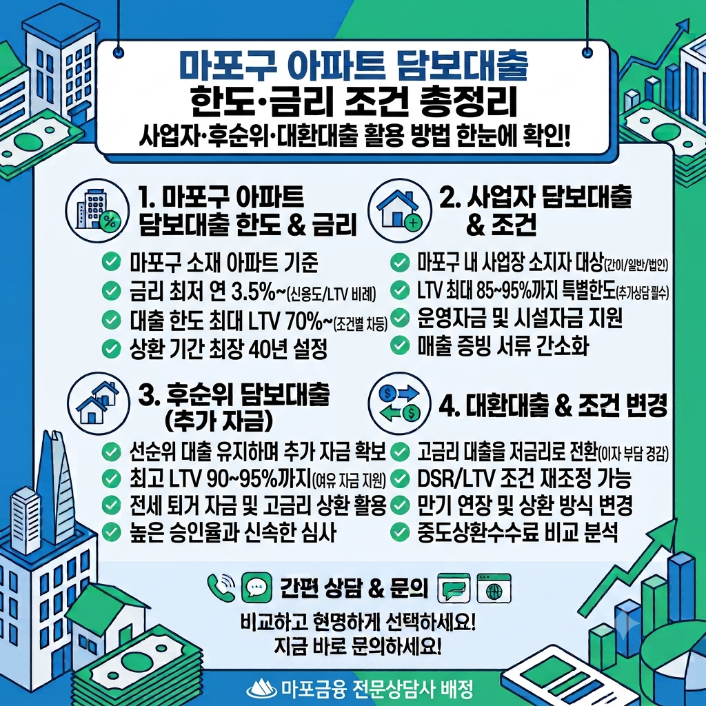 마포구 아파트담보대출 한도와 금리 조건, 사업자·후순위·대환 활용 방법 정리