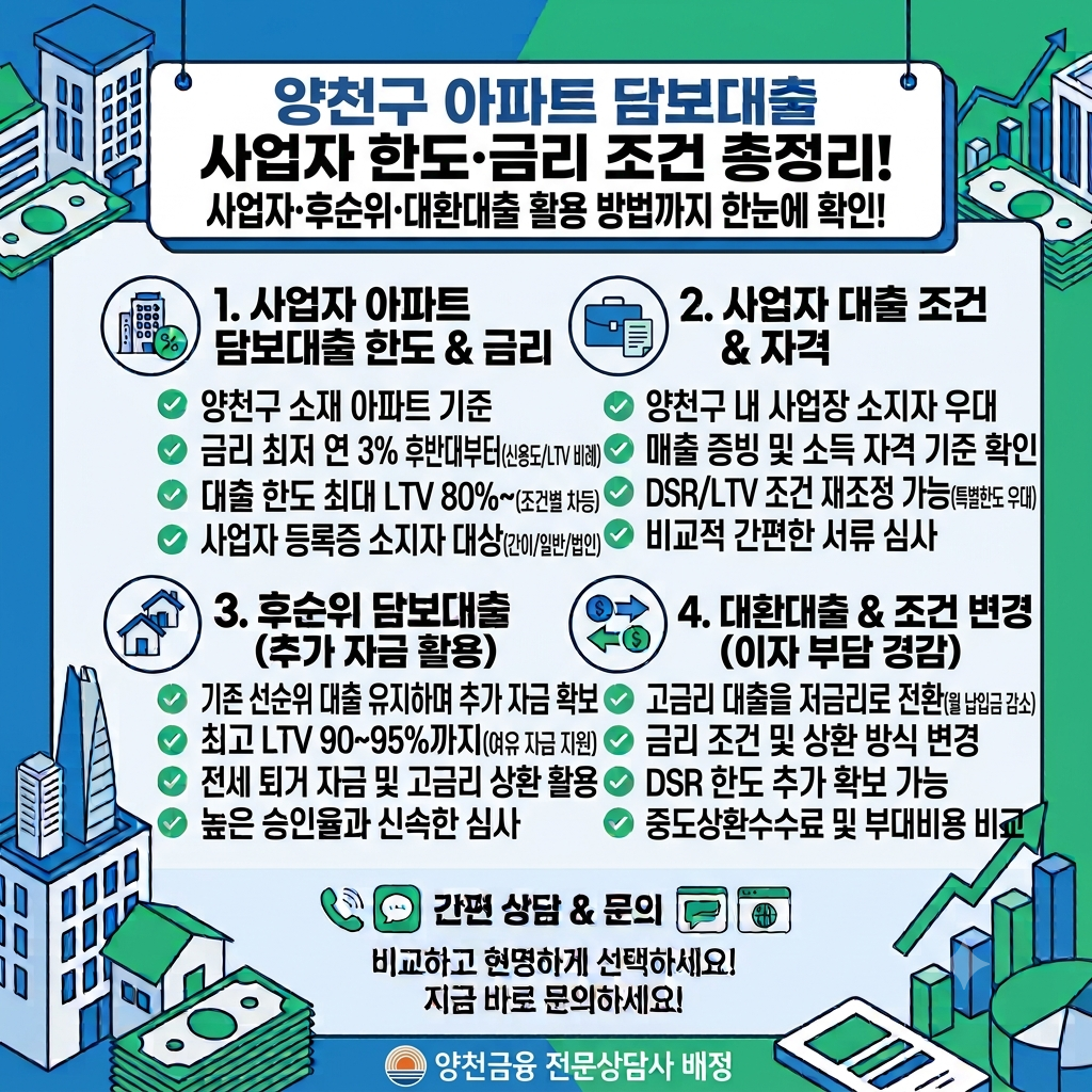 양천구 아파트담보대출 사업자 한도와 금리 조건, 후순위·대환 활용 방법 정리