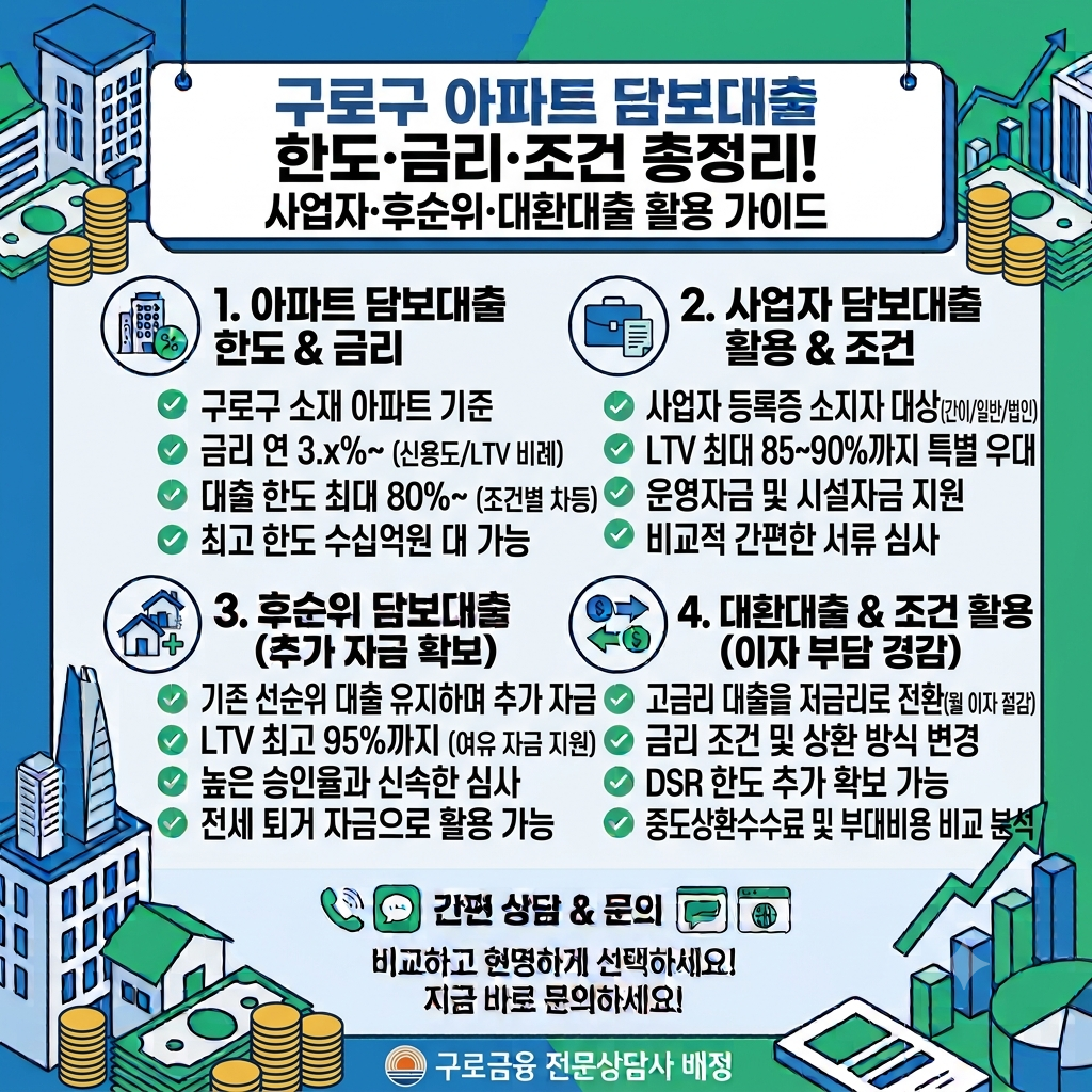 구로구 아파트담보대출 한도와 금리 조건, 사업자·후순위·대환대출 활용 방법 정리