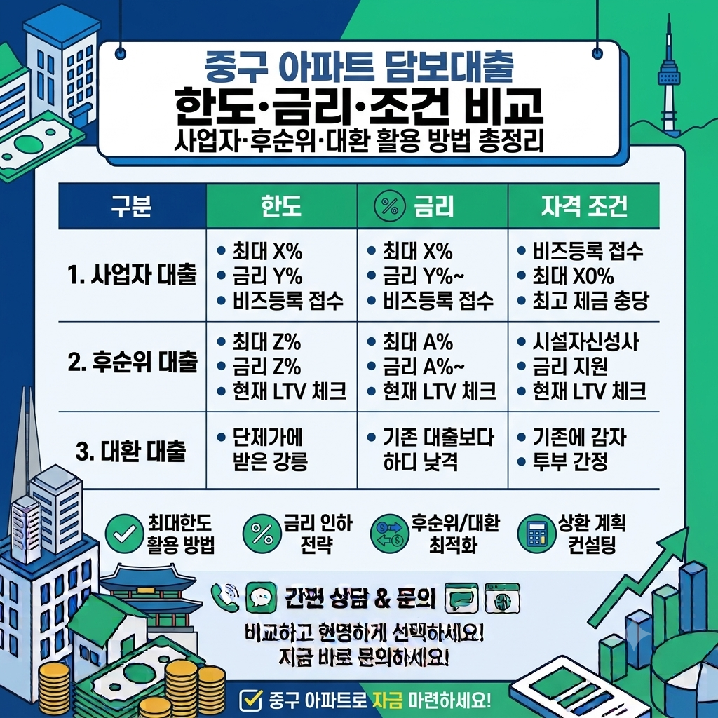 중구 아파트담보대출 한도·금리·조건 비교, 사업자·후순위·대환 활용 방법 정리