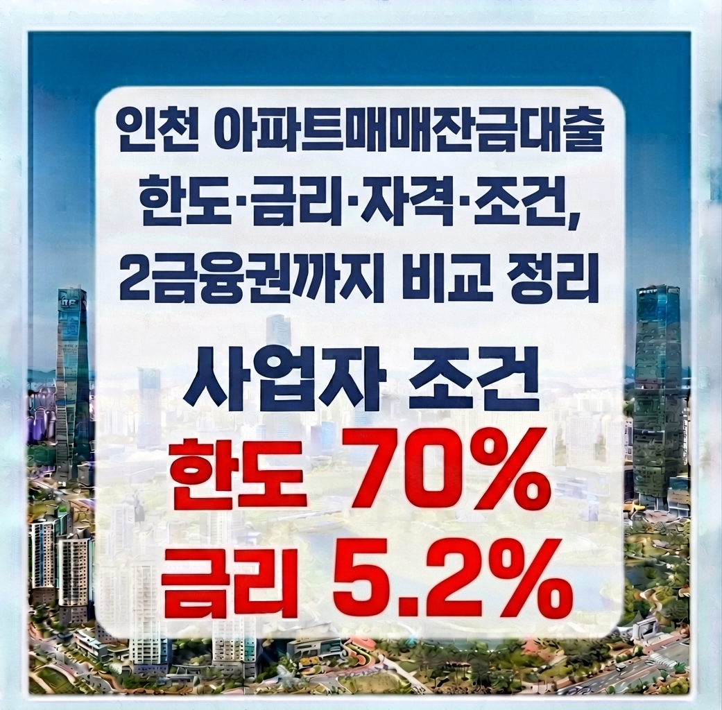인천 아파트매매잔금대출 한도·금리·자격·조건, 취급지역 총정리