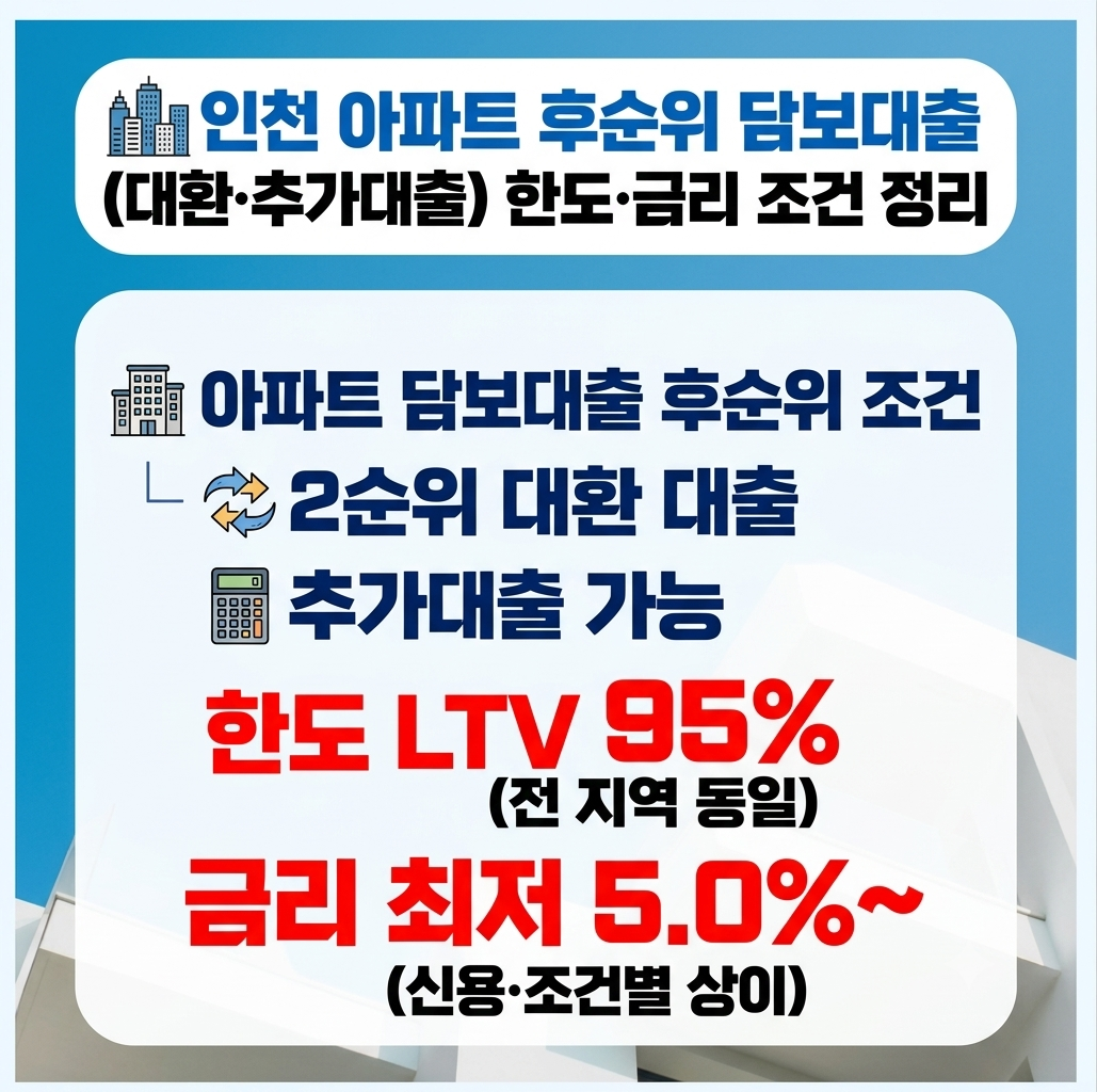 인천 아파트 후순위담보대출 2순위 대환·추가대출 한도와 금리 조건 정리
